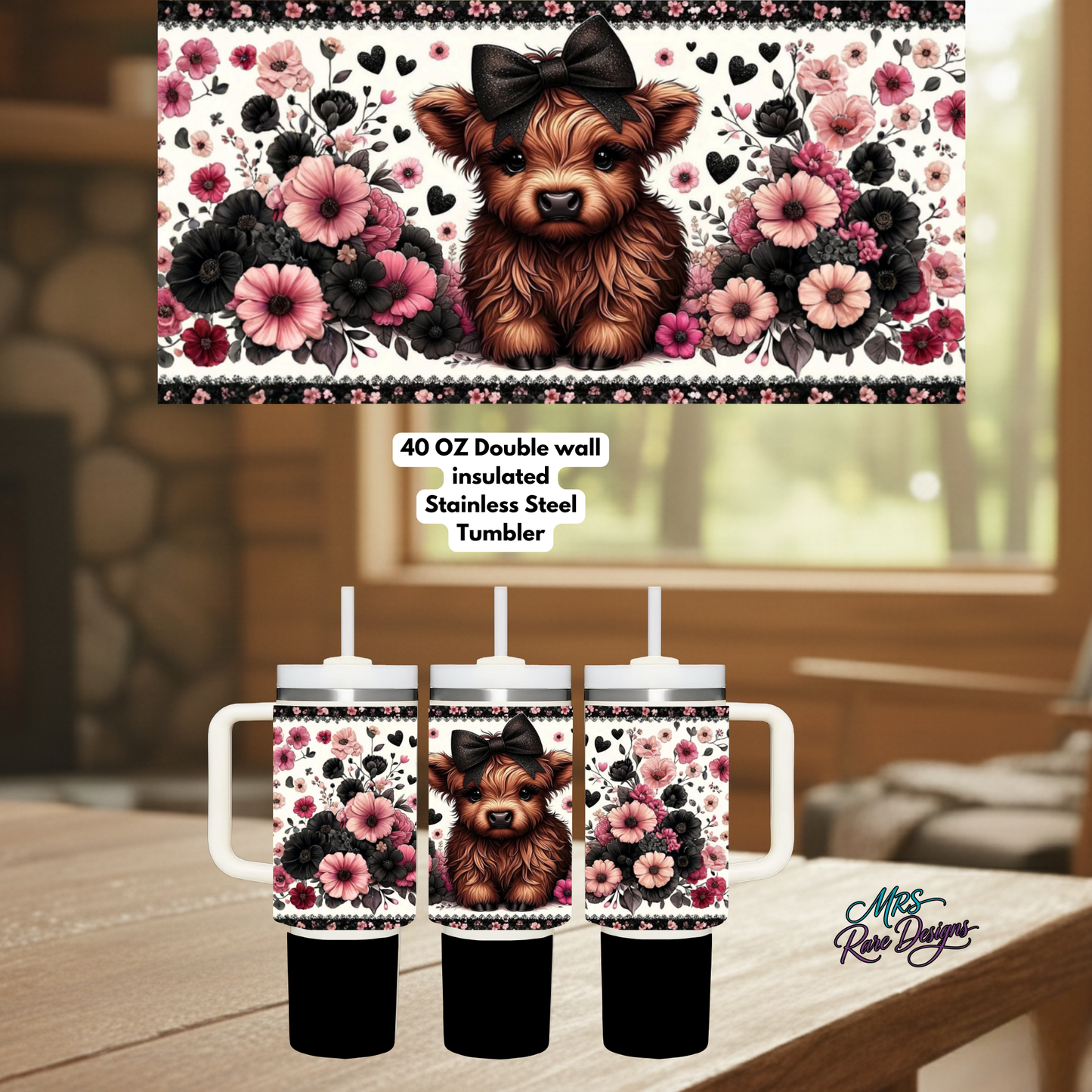 Highland Cow Floral 40oz Stainless Steel Tumbler Collection – Blue, Teal, Dark Pink, Lavender & Light Pink Farmhouse Gift