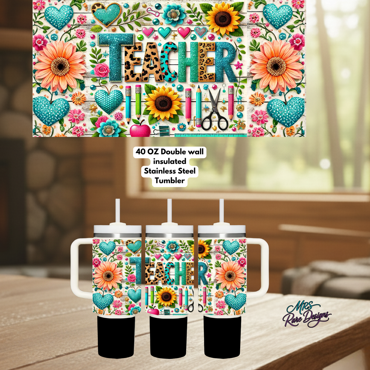 TeachBloom Floral Heart Teacher 40oz Handled Stainless Steel Tumbler