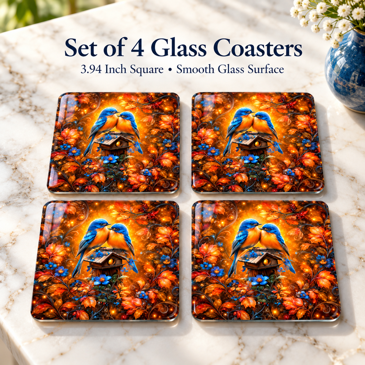 Amber Garden Bluebirds Glass Coasters – Set of 4