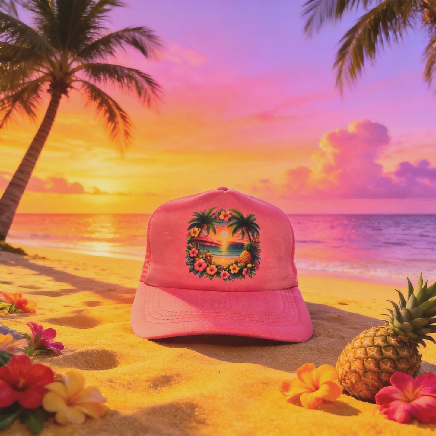 Tropical Sunset Paradise Pink Cap