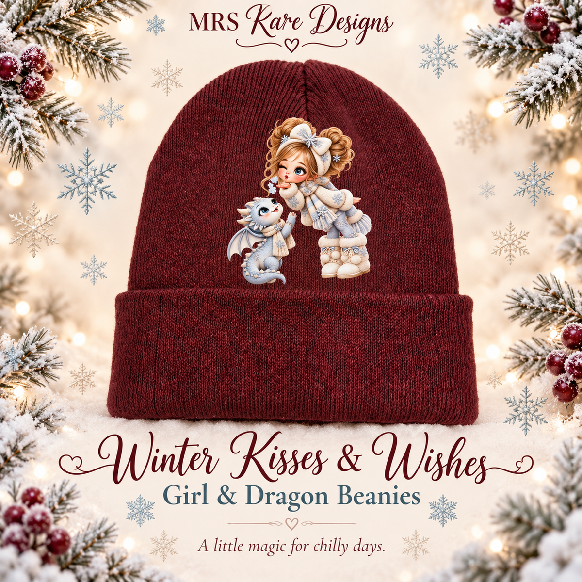 Winter Wishes Burgundy Girl & Dragon Beanie
