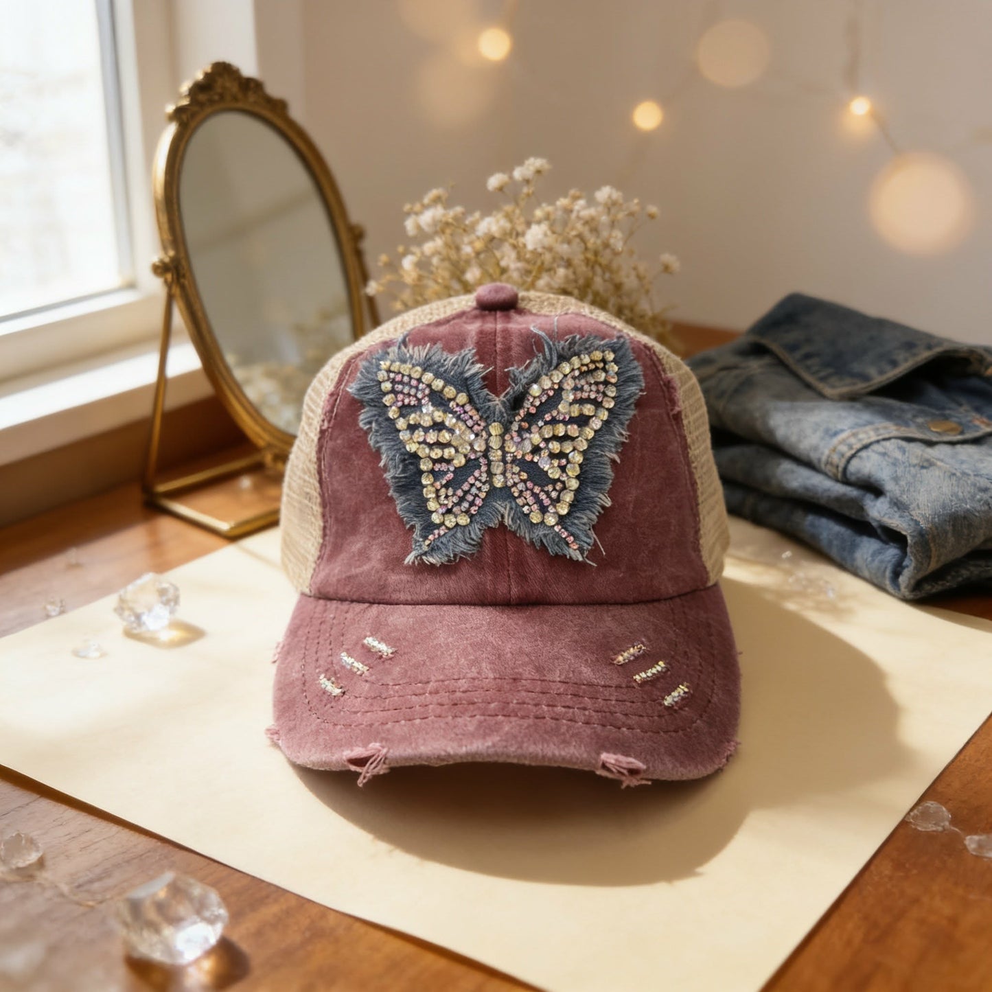The Butterfly Effect Rhinestone Fringe Trucker Hat