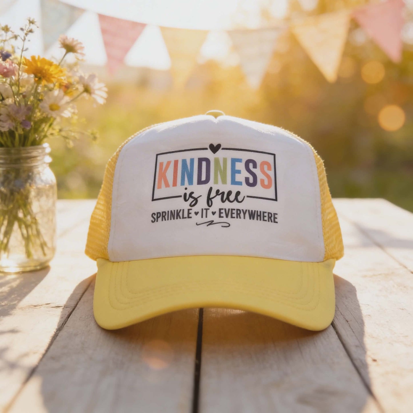 “Kindness Is Free” Yellow & White Mesh Trucker Hat – Positive Vibes Everyday Cap