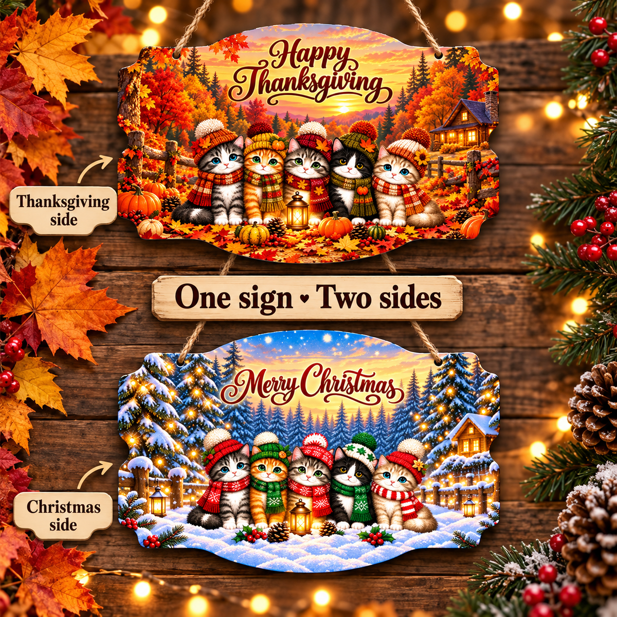 Cozy Kitty Seasons Double-Sided Metal Sign