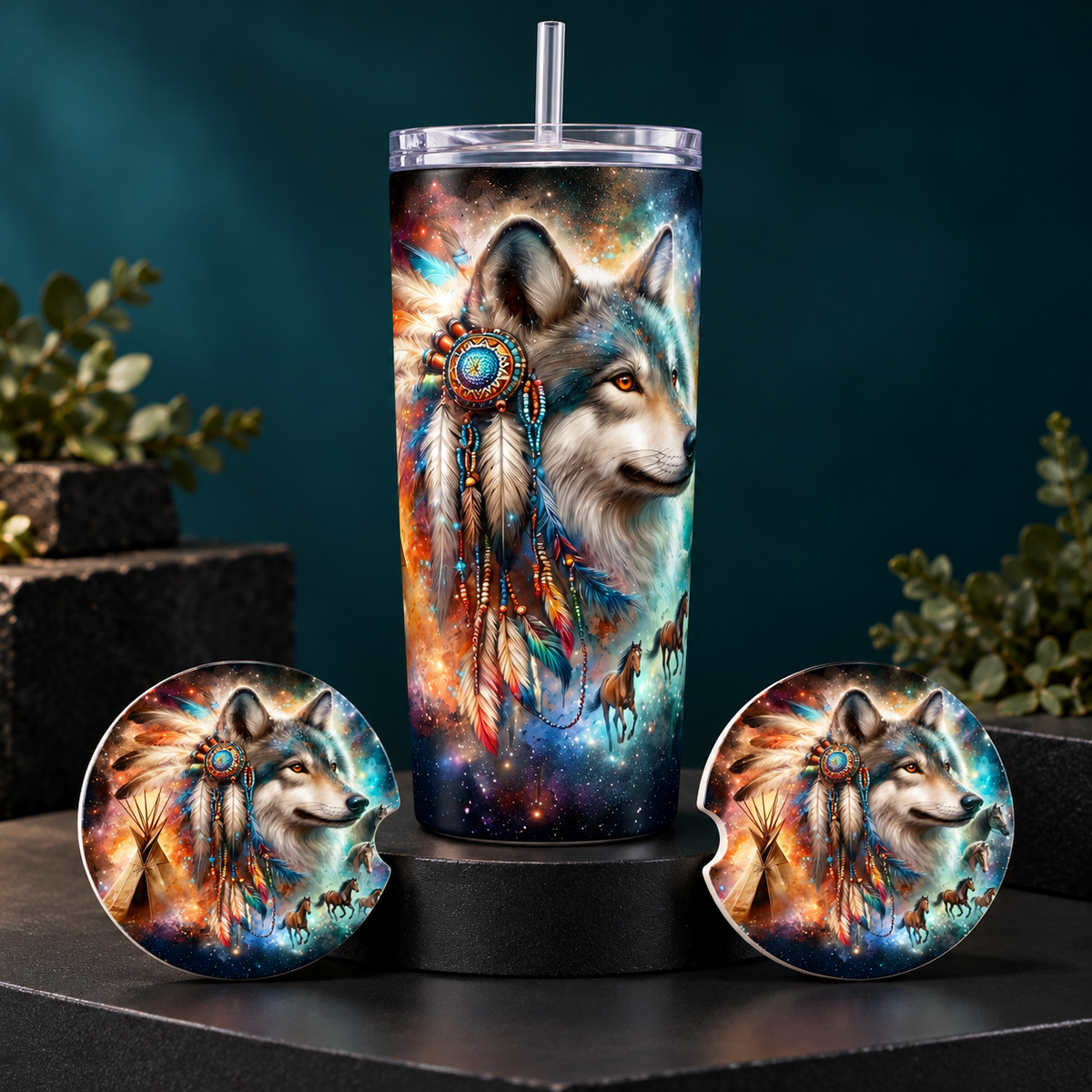 Wild Spirit Wolf Tumbler & Ceramic Coaster Gift Set