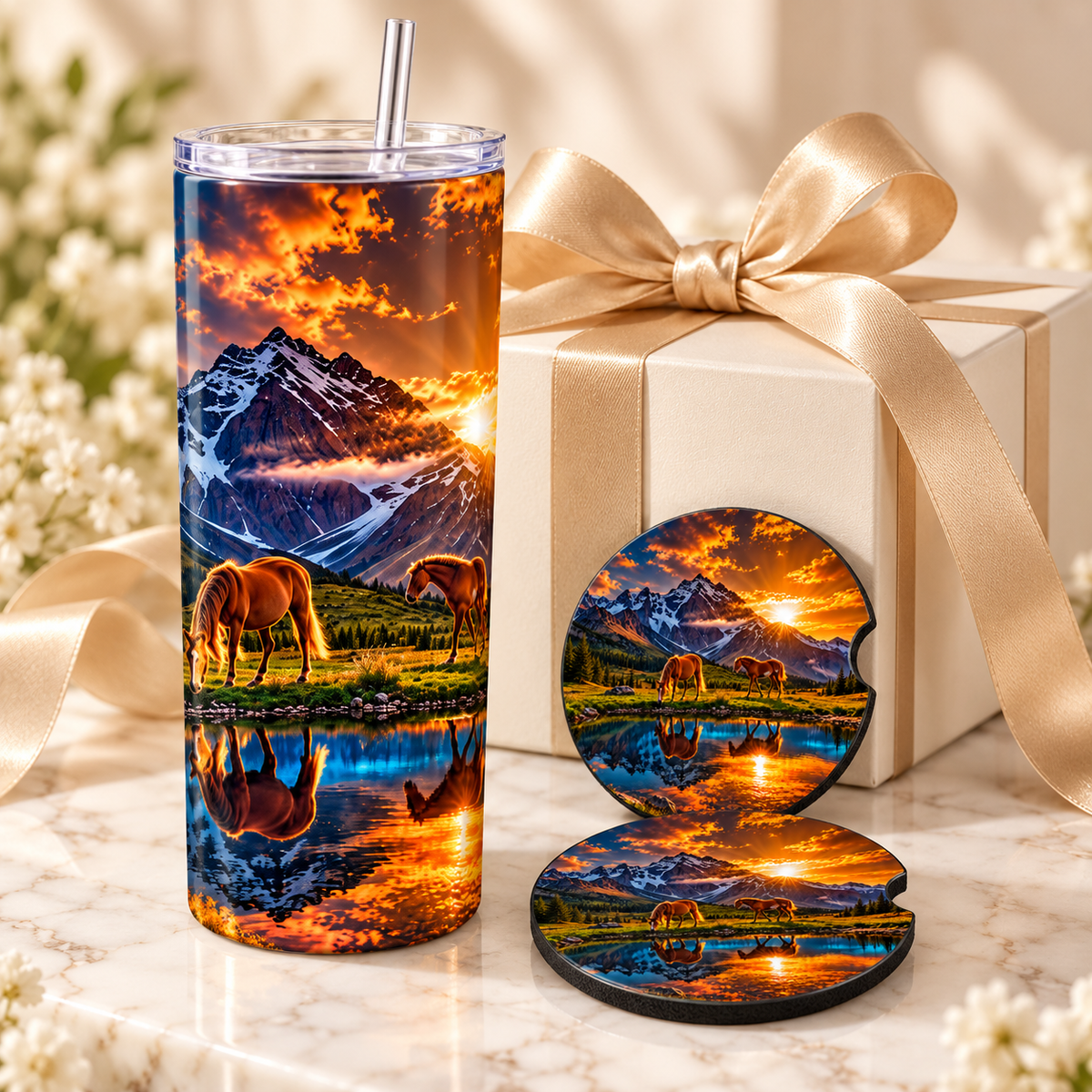 Golden Trails Horse & Mountain Sunset Tumbler and Car Coaster Gift Set