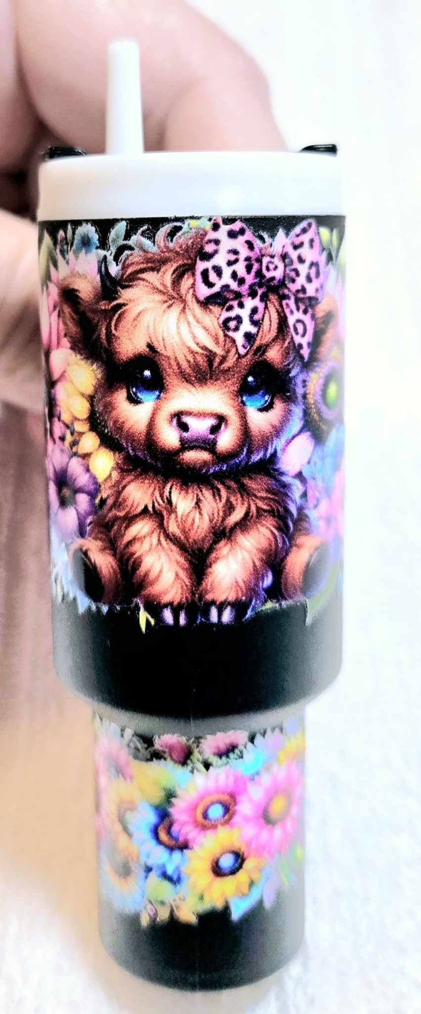 🌻 Mini Sips Keychain Tumbler – Floral Cow Edition