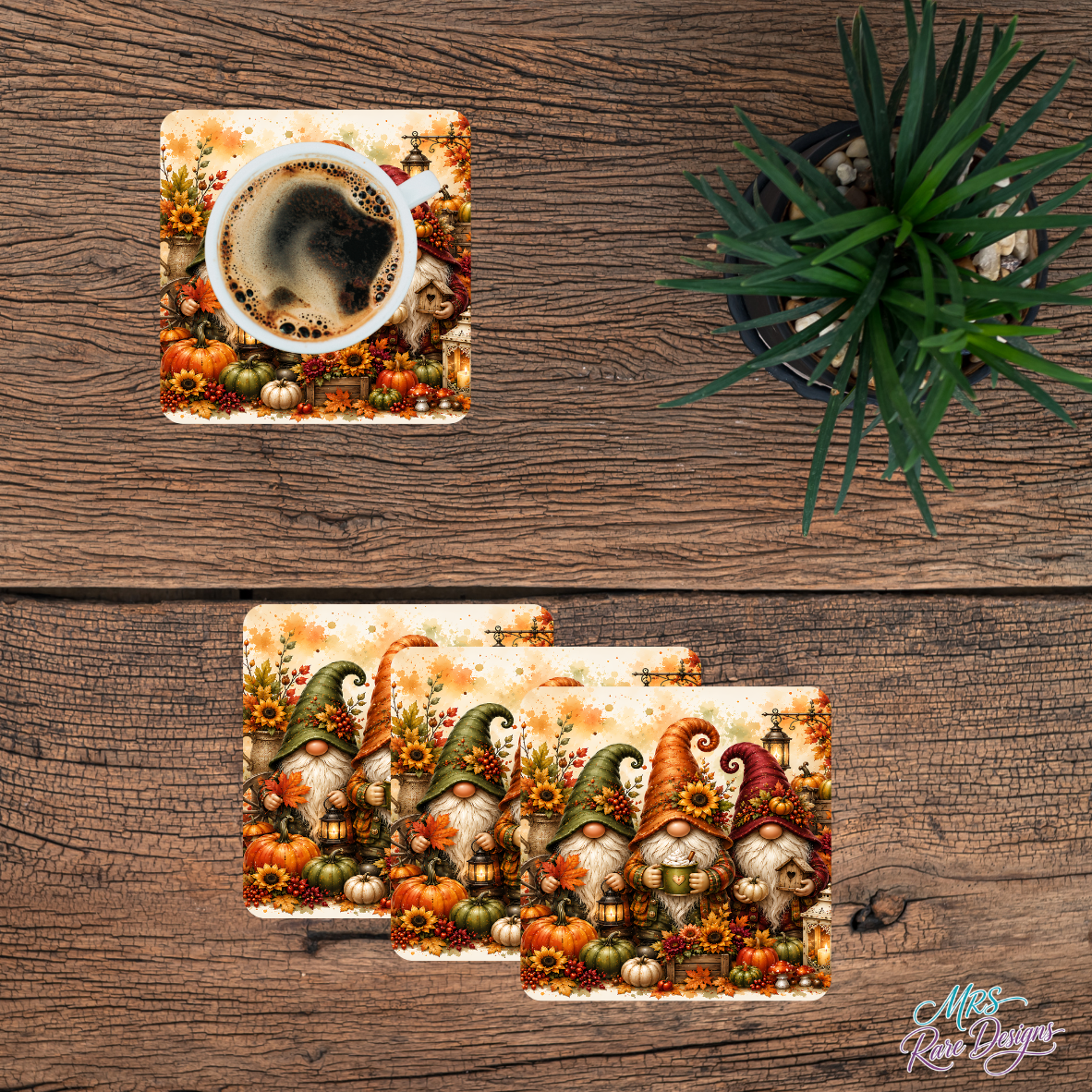 Cozy Harvest Autumn Gnomes Glass Coaster Set (Set of 4)