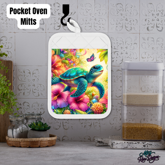 Vibrant Sea Turtle Tropical Kitchen Gift Set – Pocket Oven Mitt & Candle Holder Bundle