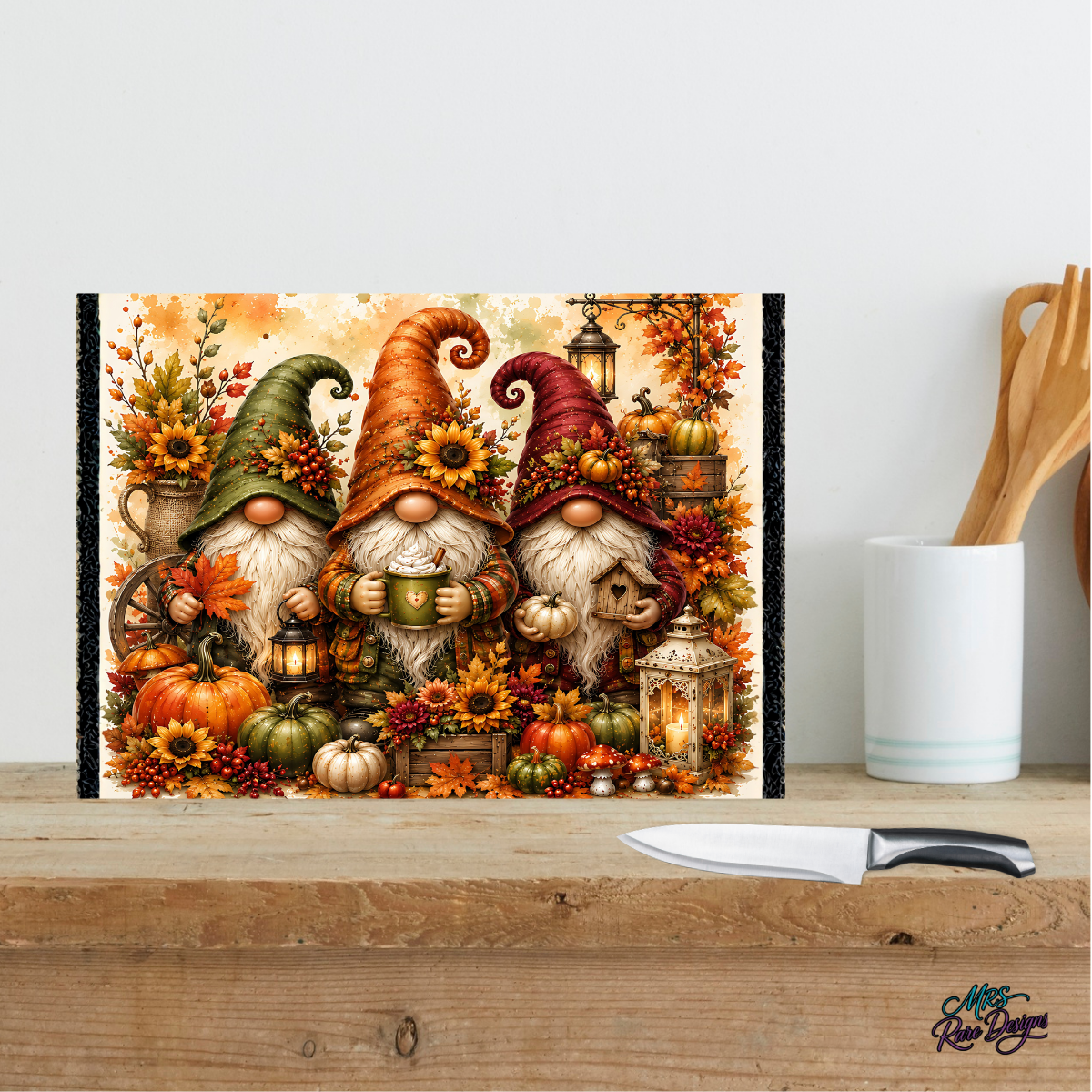 Autumn Gnomes Harvest Glass Cutting Board