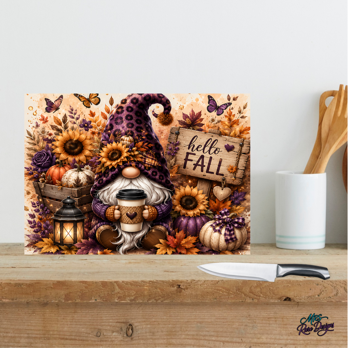 Purple Leopard Print Gnome "Hello Fall" Glass Cutting Board