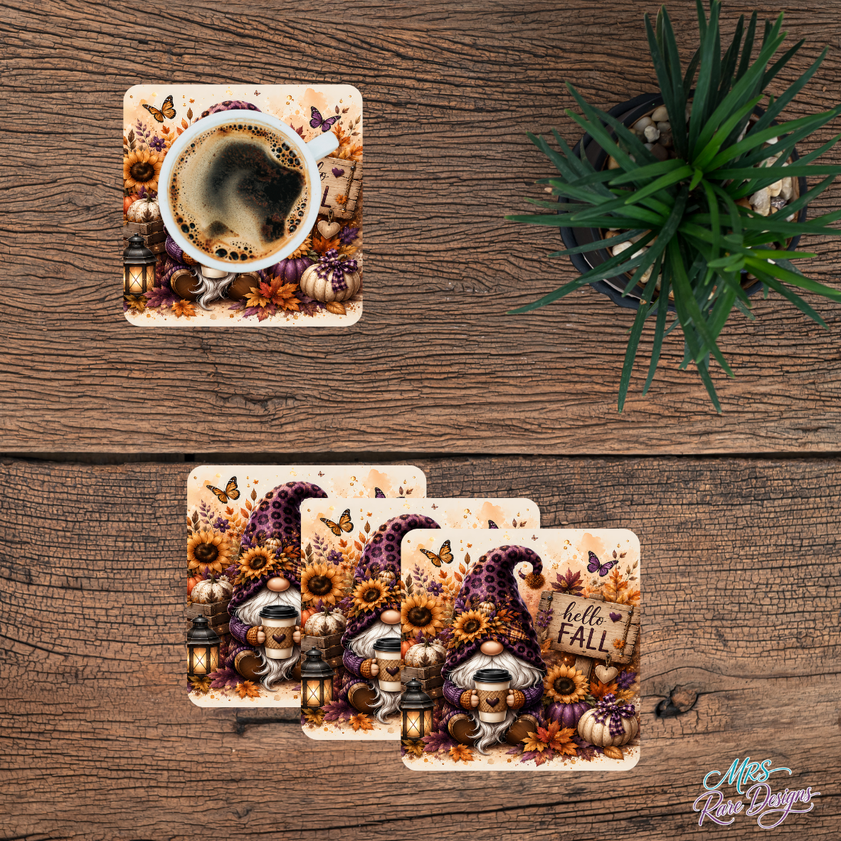 Purple Leopard Print "Hello Fall" Glass Coaster Set (Set of 4)