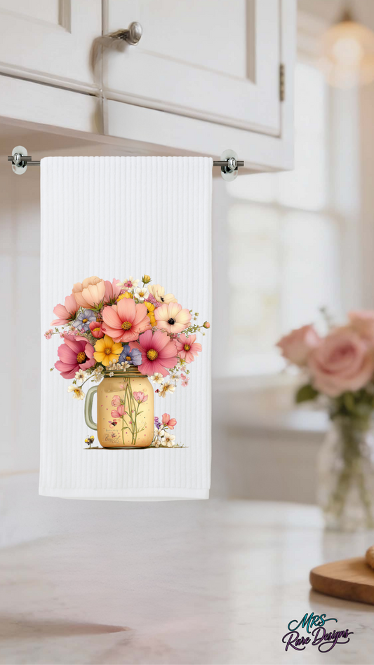 Floral Mason Jar Kitchen Dish Towel – Farmhouse Spring Decor