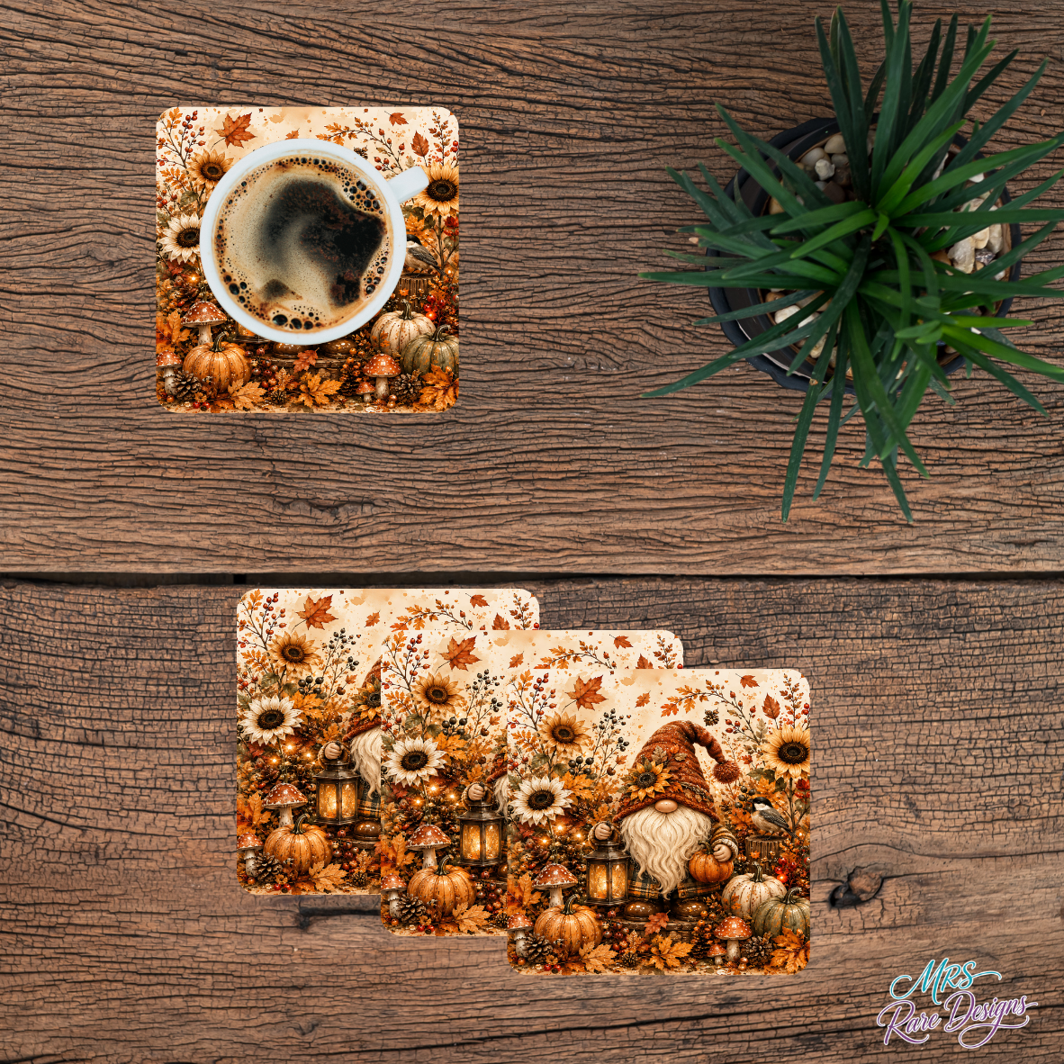Golden Autumn Sunflower Gnome Glass Coaster Set (Set of 4)