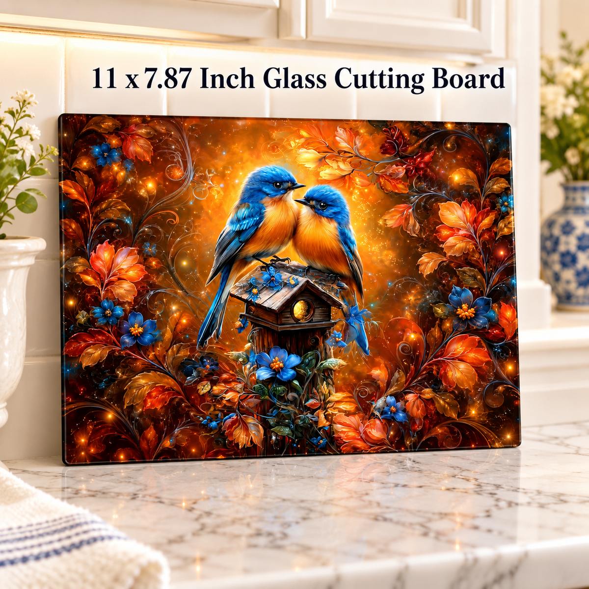 Amber Garden Bluebirds Glass Cutting Board – 11 x 7.87 Inch