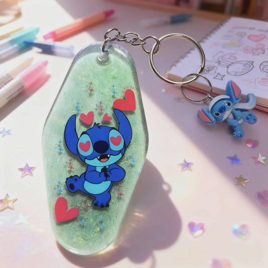 💚 Mint Green Love Stitch Resin Keychain – Handmade Glitter Charm with UVDTF Hearts & Mini Stitch Accent 💚