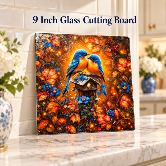 Amber Garden Bluebirds Square Glass Cutting Board – 9 Inch