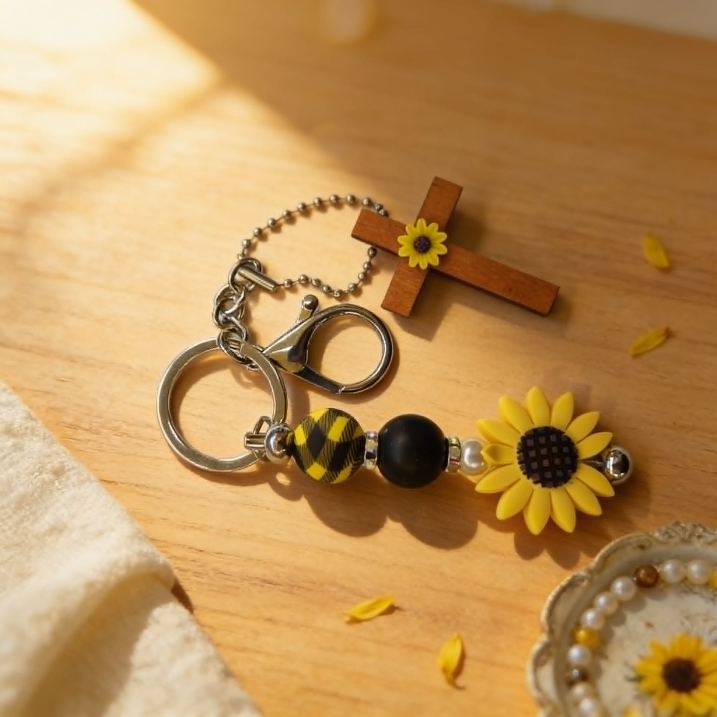 Sunflower Faith Wooden Cross Beaded Keychain & Bag Charm