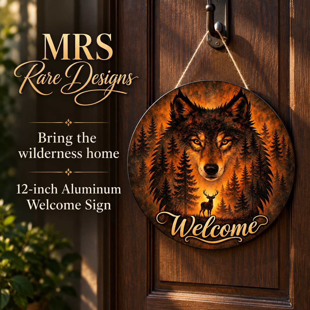 Amber Wilderness Wolf 12-Inch Aluminum Welcome Sign