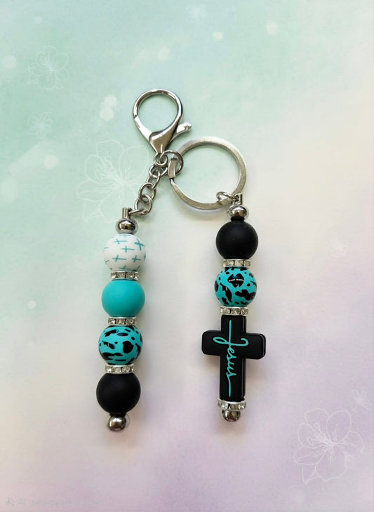 Faithfully Teal Jesus Cross Beaded Keychain