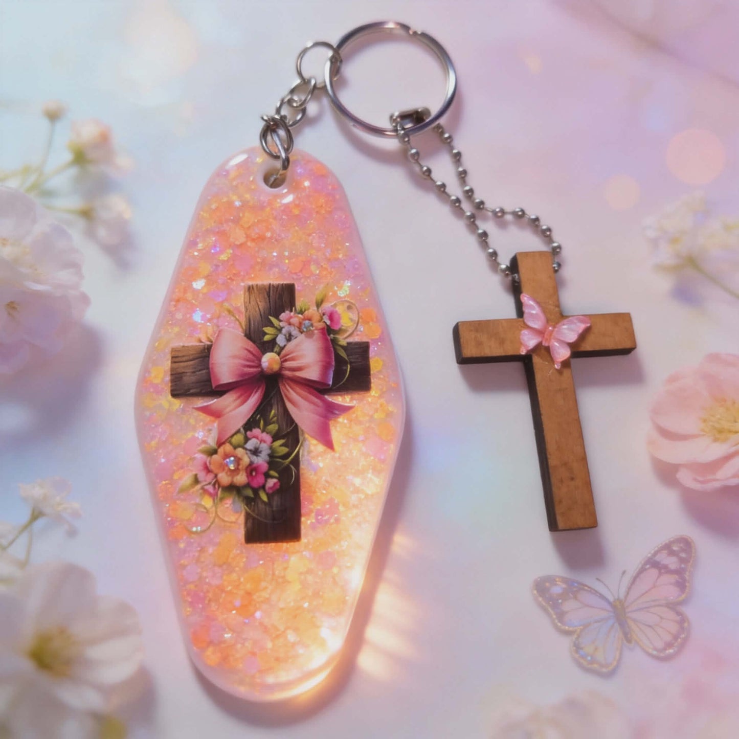 Blushing Grace Cross Keychain Set – Pink Resin Sparkle & Wooden Butterfly Cross