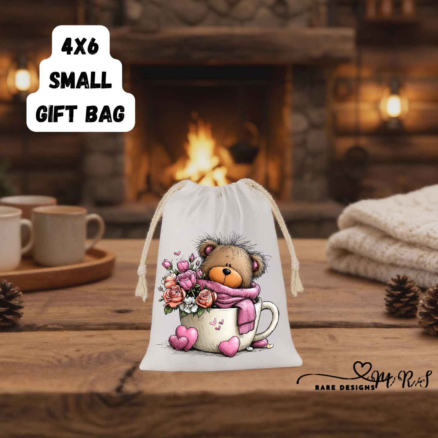 Adorable Teddy Bear Small Gift Bag Collection – 4x6 Valentine’s Day Drawstring Bags for Cute Romantic Gifts