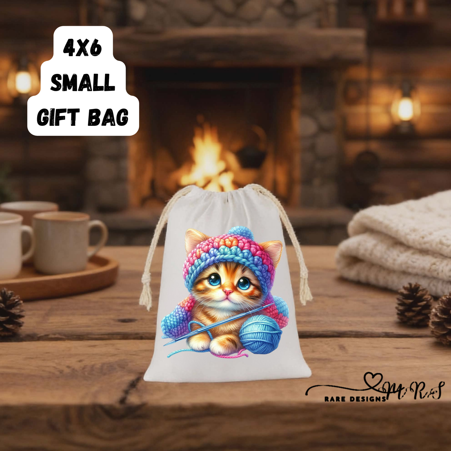 Knitting Kitten 4x6 Small Gift Bag Collection – Adorable Drawstring Bags for Cat Lovers & Handmade Gifts