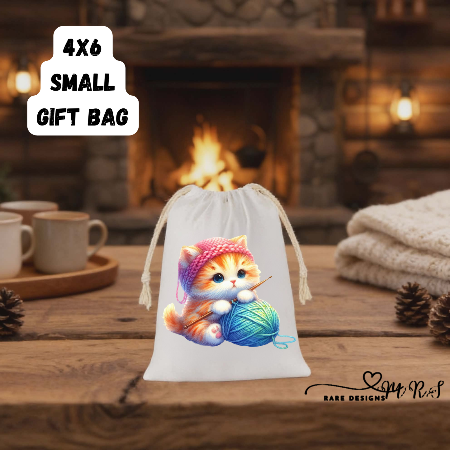 Knitting Kitten 4x6 Small Gift Bag Collection – Adorable Drawstring Bags for Cat Lovers & Handmade Gifts