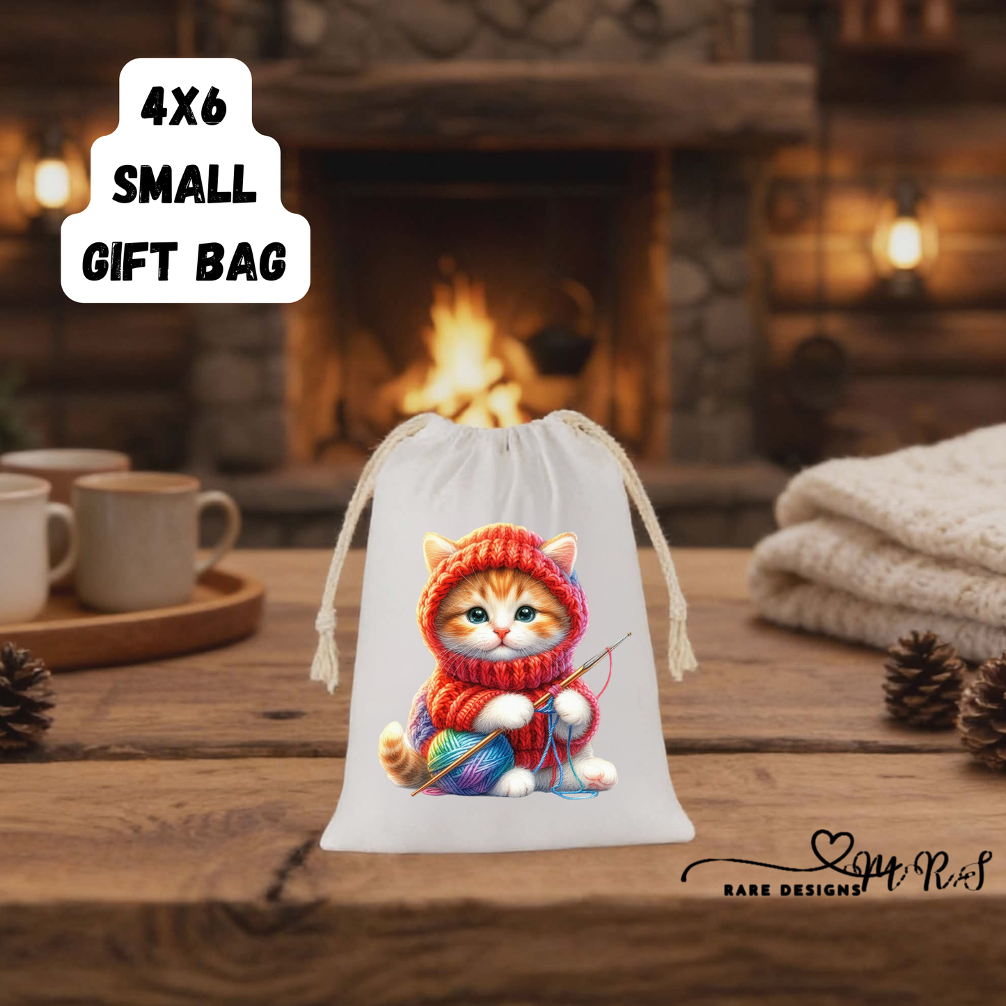 Knitting Kitten 4x6 Small Gift Bag Collection – Adorable Drawstring Bags for Cat Lovers & Handmade Gifts