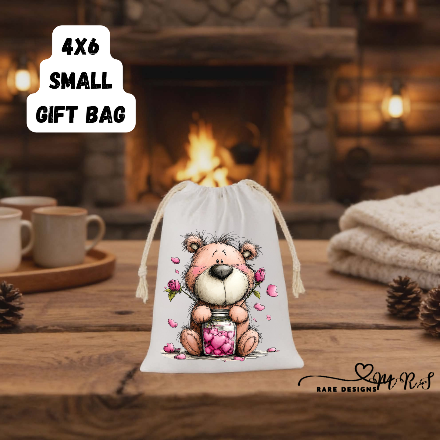 Adorable Teddy Bear Small Gift Bag Collection – 4x6 Valentine’s Day Drawstring Bags for Cute Romantic Gifts