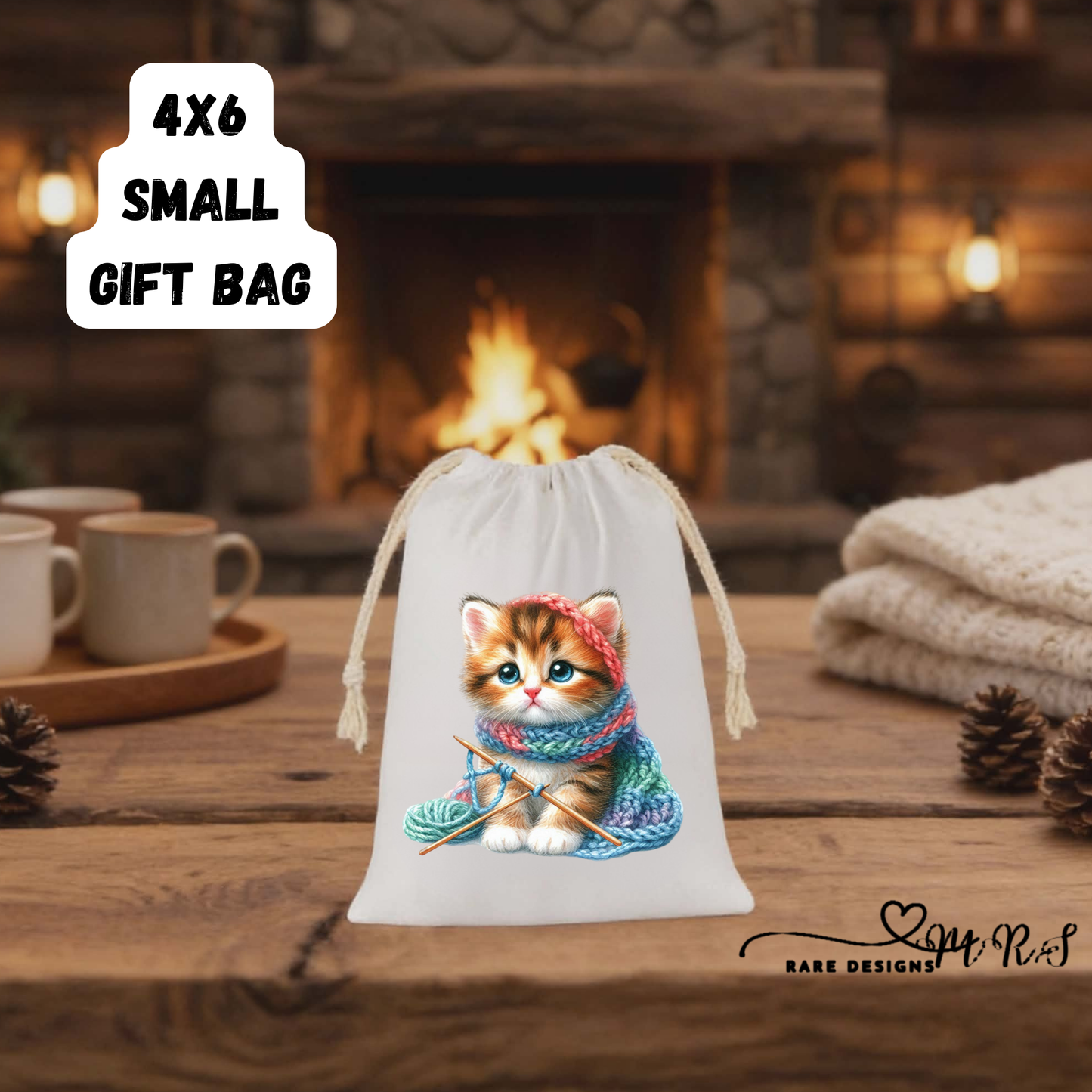 Knitting Kitten 4x6 Small Gift Bag Collection – Adorable Drawstring Bags for Cat Lovers & Handmade Gifts