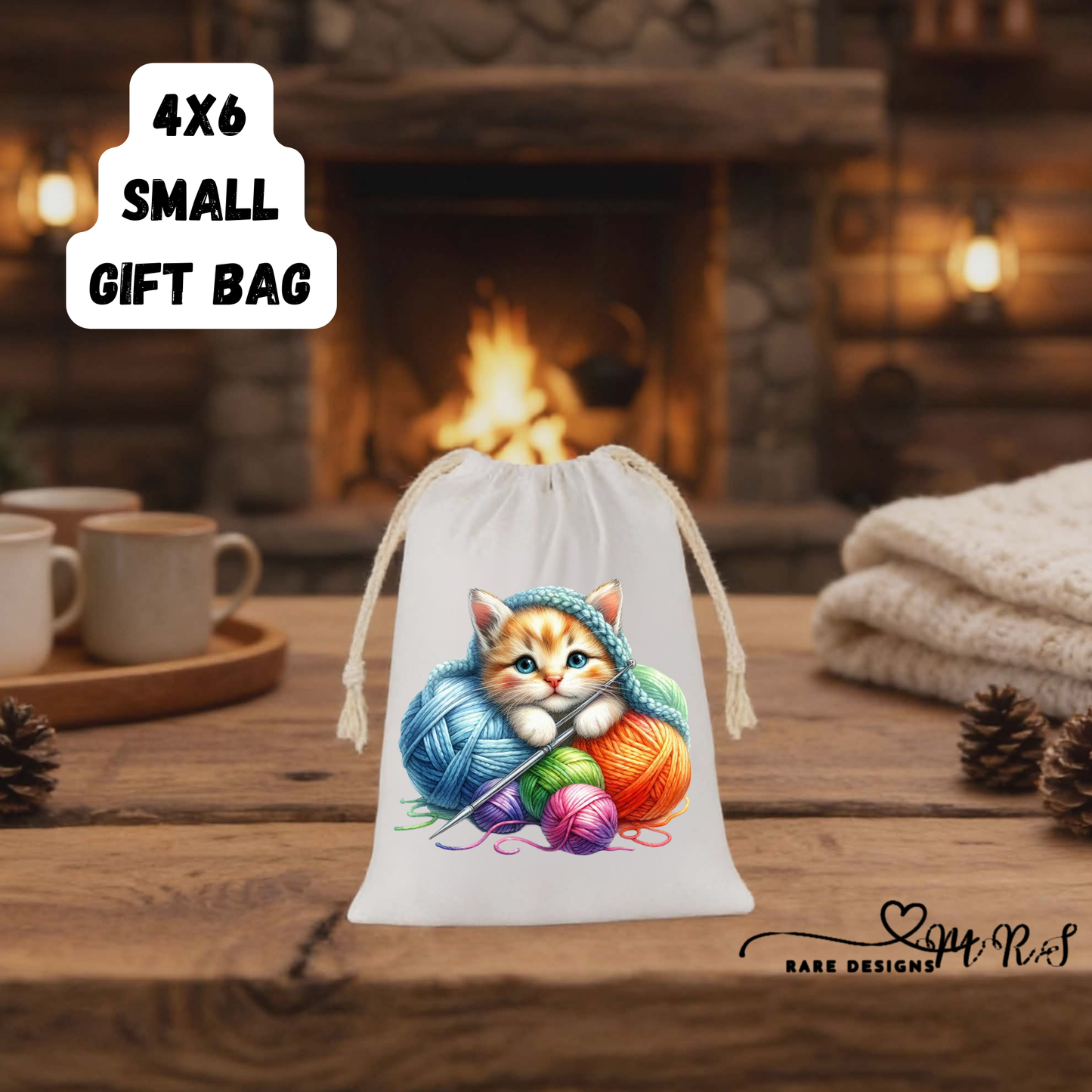 Knitting Kitten 4x6 Small Gift Bag Collection – Adorable Drawstring Bags for Cat Lovers & Handmade Gifts