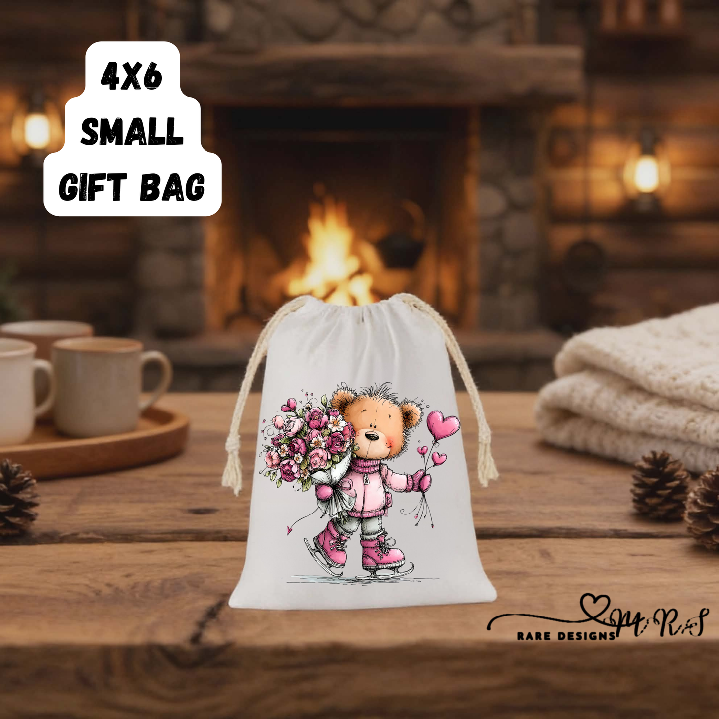 Adorable Teddy Bear Small Gift Bag Collection – 4x6 Valentine’s Day Drawstring Bags for Cute Romantic Gifts