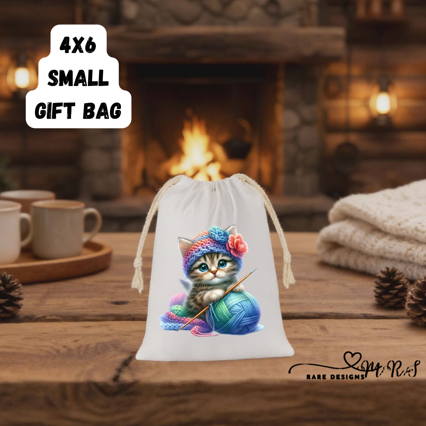 Knitting Kitten 4x6 Small Gift Bag Collection – Adorable Drawstring Bags for Cat Lovers & Handmade Gifts