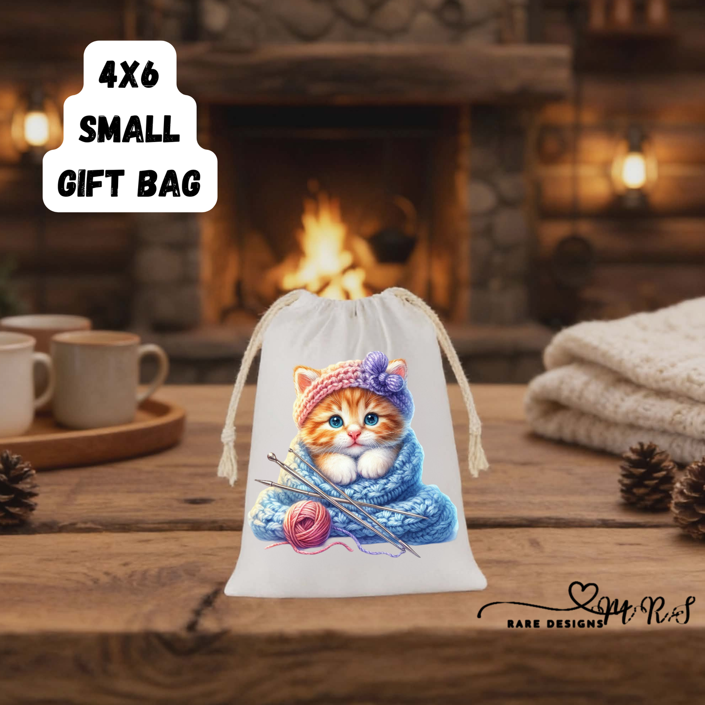 Knitting Kitten 4x6 Small Gift Bag Collection – Adorable Drawstring Bags for Cat Lovers & Handmade Gifts