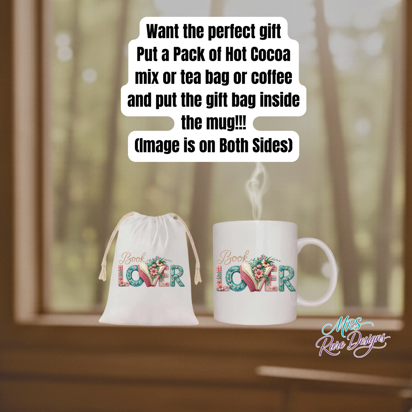 Book Lover Mug & Gift Bag Set – Floral 11oz Coffee Cup with Matching 4x6 Drawstring Pouch | Save $2 When You Buy the Whole Set!