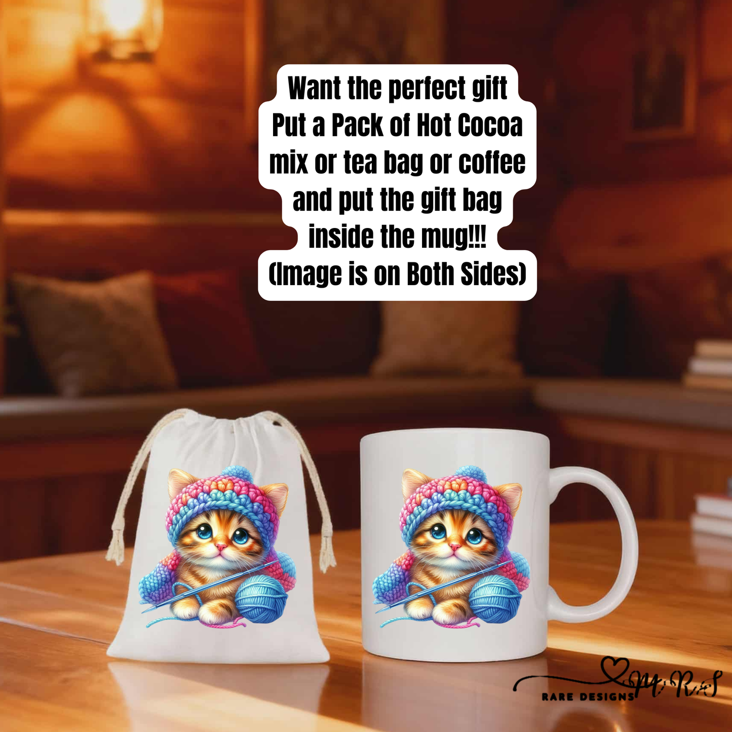 Knitting Kitten Cozy Gift Set – 11oz Ceramic Mug + 4x6 Matching Gift Bag Save $2
