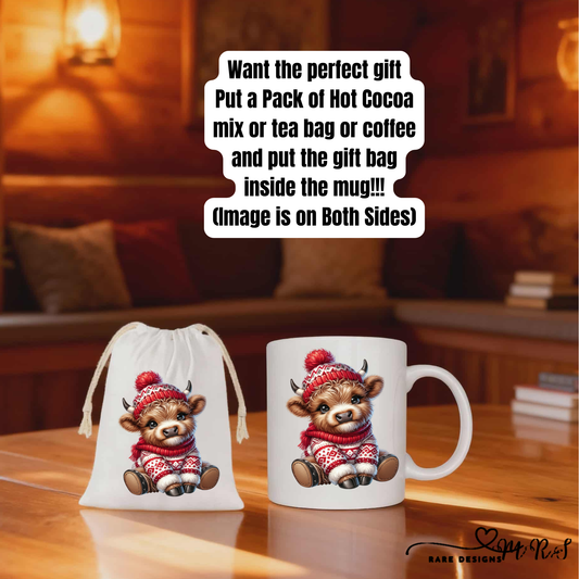 Cozy Highland Cow Mug & Gift Pouch Set – Winter Cocoa, Coffee & Tea Gift Bundle