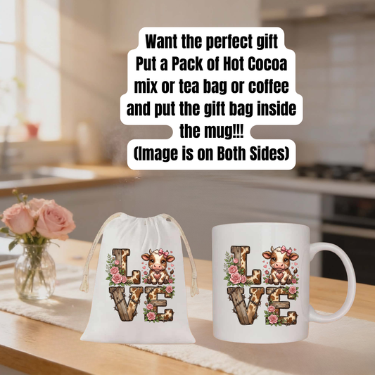 Rustic Cow LOVE Mug & Gift Bag Set – Perfect Farmhouse-Themed Gift