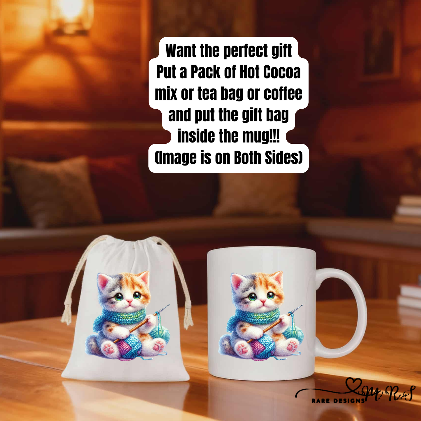 Knitting Kitten Cozy Gift Set – 11oz Ceramic Mug + 4x6 Matching Gift Bag Save $2