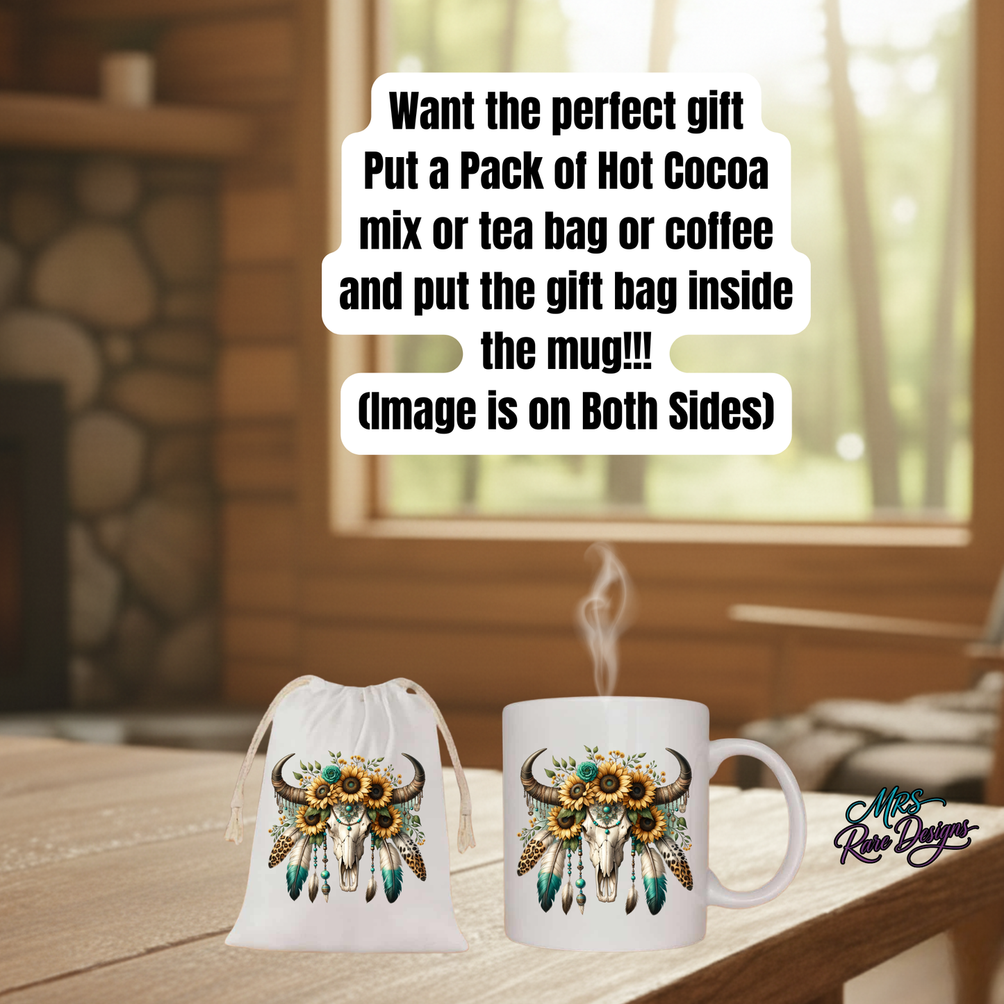 Boho Bull Skull Mug & Gift Bag Set – Sunflower & Feather Western Coffee Cup Combo (Image on Both Sides) – Get $2 Off!