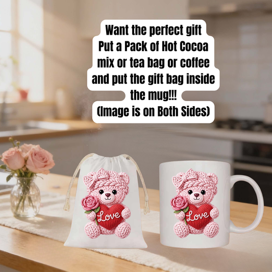 Pink Knit Teddy ‘Love’ Mug & Gift Bag Set – Cozy Coffee, Tea & Cocoa Gift Combo