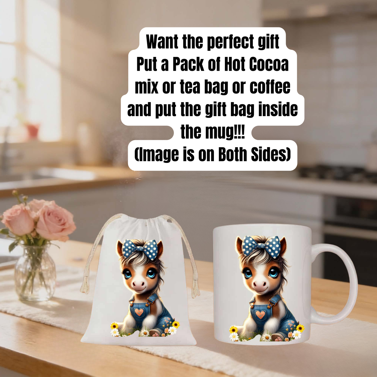 Cute Baby Donkey Mug & Gift Bag Set – Adorable Coffee Cup with Matching 4x6 Drawstring Bag (Image on Both Sides)