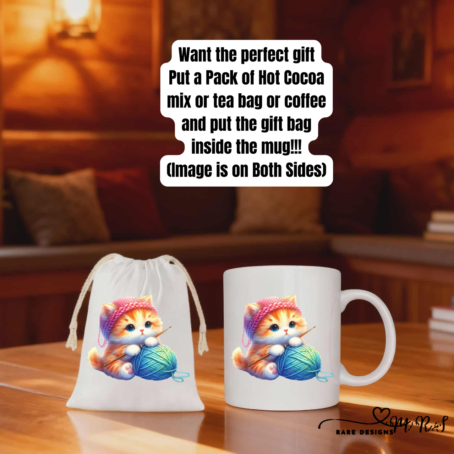 Knitting Kitten Cozy Gift Set – 11oz Ceramic Mug + 4x6 Matching Gift Bag Save $2