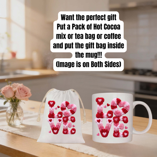 LOVE Hearts Mug & Gift Bag Set – Romantic Valentine’s Coffee, Tea & Cocoa Gift Combo