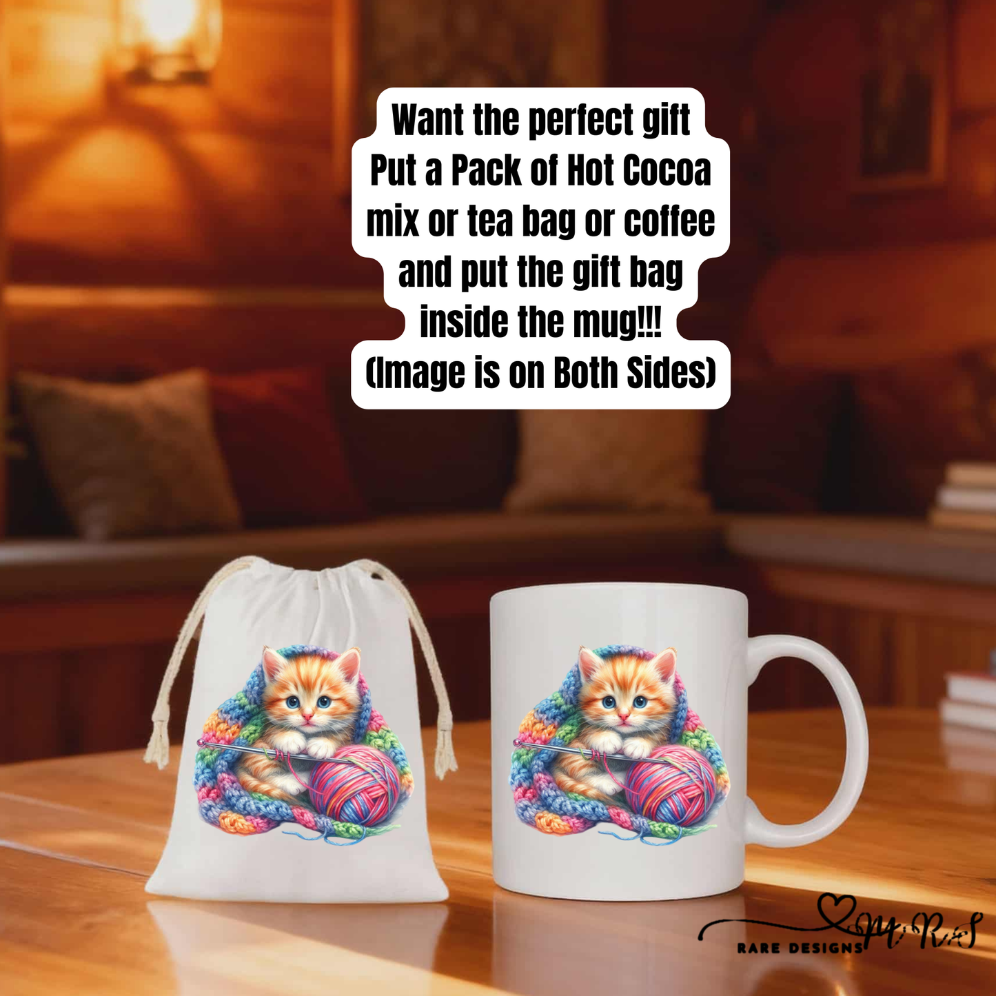 Knitting Kitten Cozy Gift Set – 11oz Ceramic Mug + 4x6 Matching Gift Bag Save $2