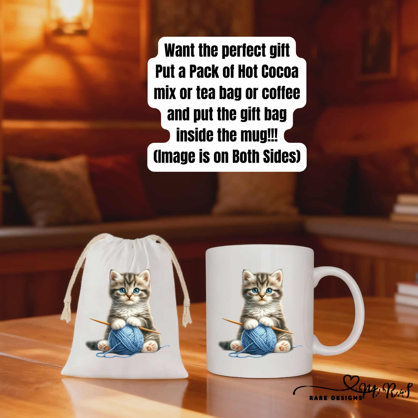 Knitting Kitten Cozy Gift Set – 11oz Ceramic Mug + 4x6 Matching Gift Bag Save $2