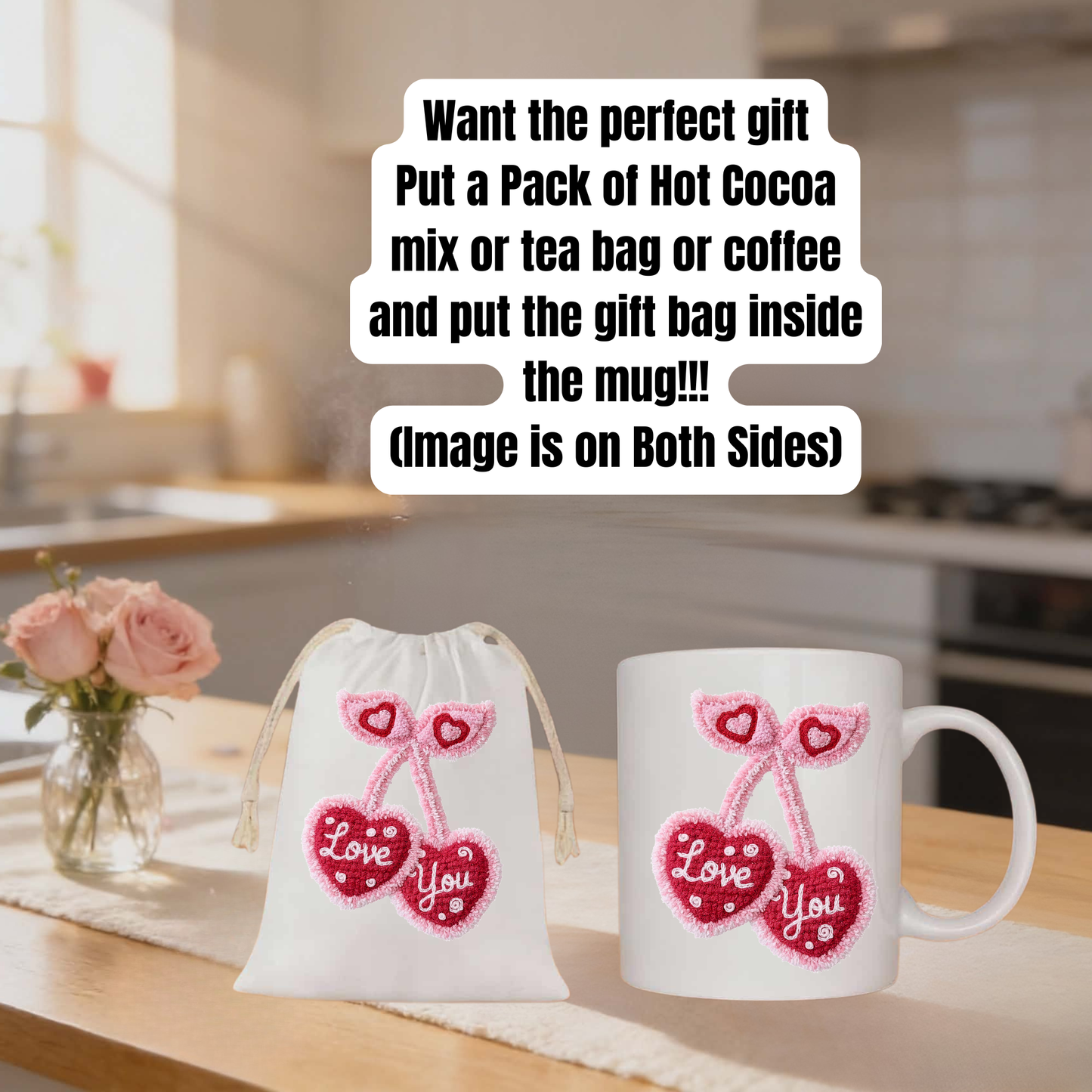 Love You Hearts Mug & Gift Bag Set – Romantic Coffee, Tea & Cocoa Gift Idea