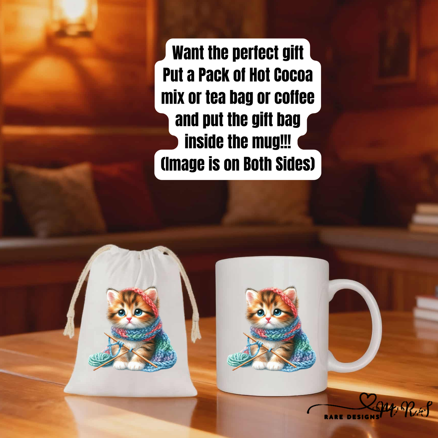 Knitting Kitten Cozy Gift Set – 11oz Ceramic Mug + 4x6 Matching Gift Bag Save $2