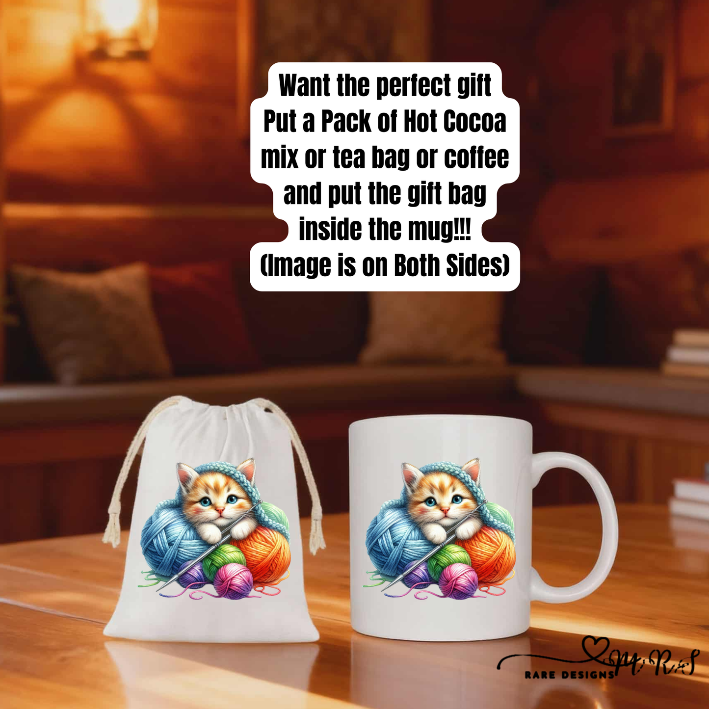 Knitting Kitten Cozy Gift Set – 11oz Ceramic Mug + 4x6 Matching Gift Bag Save $2